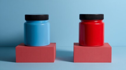 Colorful jars red blue minimal background creative photography advertising product concept