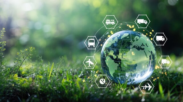 Modern global logistics network with earth globe and transportation icons in a lush green, eco-friendly setting