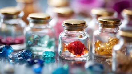 Glass jars with colorful items creative photography lifestyle product advertising concept