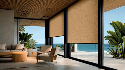 A private paradise: a sophisticated interior with neutral tones and curtains that enhance the ocean view. Ideal for interior design, decor, and luxury real estate.