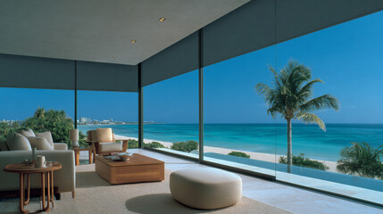 Beachfront luxury: modern and cozy interior with panoramic views of the beach and turquoise sea. Perfect for luxury architecture, real estate, travel, and design.