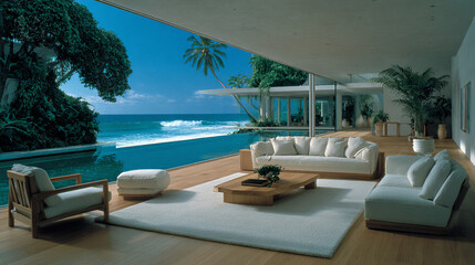 Breathtaking view: infinity pool and elegant living room blend into the blue sea. Ideal for luxury architecture, design, real estate, and exclusive lifestyle projects.