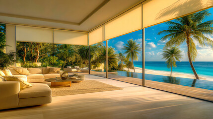 A paradisiacal setting: an elegant living room with stunning views of a tropical beach and turquoise sea. Perfect for interior design, travel, and luxury real estate.