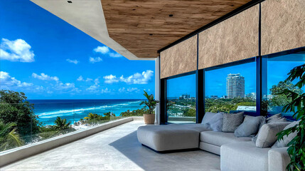 Beachfront luxury: stunning ocean views from a sophisticated balcony. Perfect for luxury architecture, real estate, and exclusive lifestyle themes.