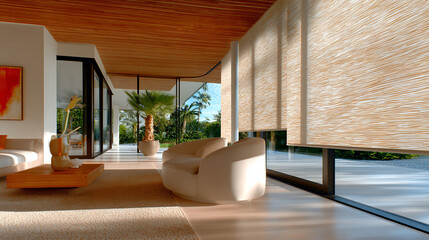 Elegance and comfort at home: Roller shades filter natural light, creating a cozy and sophisticated environment, ideal for relaxing and enjoying.
