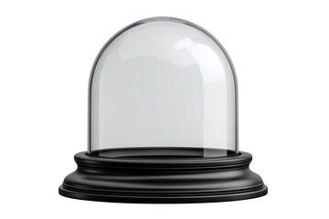 Empty glass dome display case with black base isolated on white