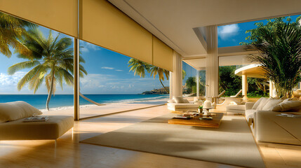 Beachfront paradise with a living room and stunning beach views. Elegant and luxurious interior design. Ideal for travel, vacation, and luxury real estate projects.