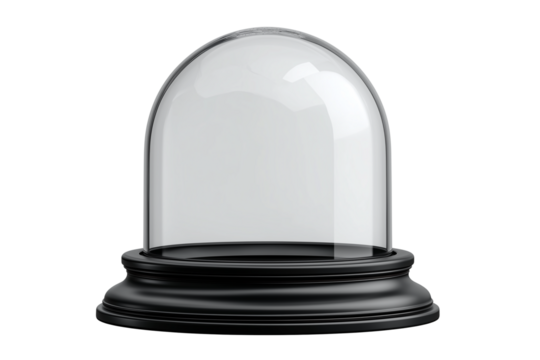 Empty glass dome display case with black base isolated on white