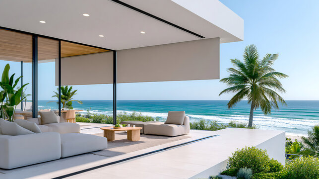 A modern beachfront oasis. A terrace overlooking the ocean, designer furniture, and an atmosphere of peace and luxury. Ideal for real estate, vacation, and relaxation.