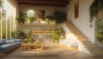 Interior with a modern, biophilic design. Natural light, hanging plants, and white walls create a welcoming, elegant environment that connects with nature.