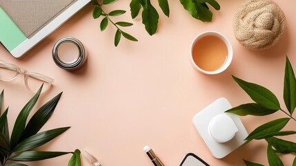 Flat lay desk with natural leaves lifestyle product photography advertising concept minimal clean stylish design inspiration background