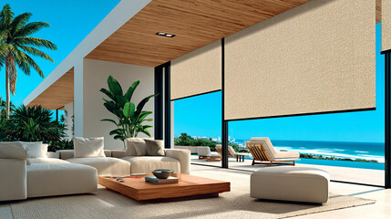 Luxurious living room with roller blinds, ocean views, and modern décor. The space is ideal for enjoying natural beauty and comfort in style.