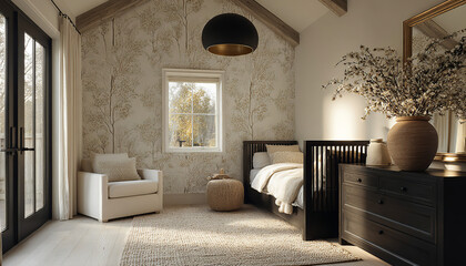 Modern bedroom with a rustic touch. The tree-print wall and high wooden ceiling create a natural and serene atmosphere, perfect for relaxation.