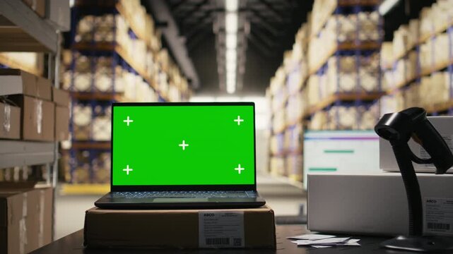 Empty logistics hub stock room with isolated screen on laptop, large business retail operations in industrial space with racks and shelves for goods storage. Fulfillment center e-commerce.