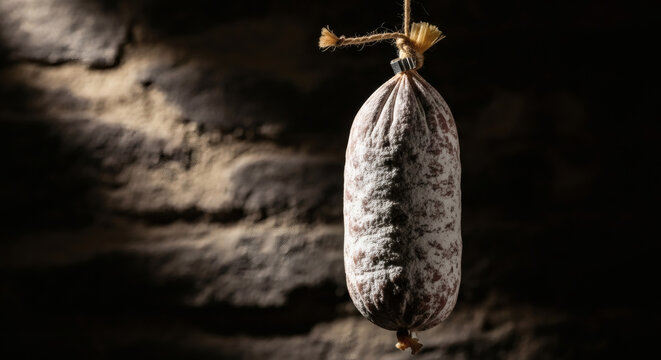 Artisanal Saucisson Sec hanging on twine in a rustic, moody cellar