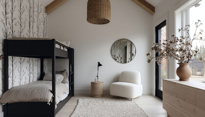 Modern children's room with bunk bed and rustic elements. The tree-print wall, cozy armchair, and neutral tones create a welcoming and serene atmosphere.