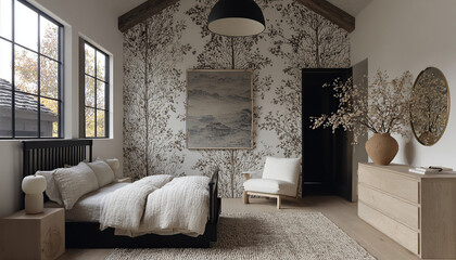 Modern bedroom with a rustic touch. The tree-patterned wall and wooden ceiling create a natural and serene atmosphere, perfect for relaxation and well-being.