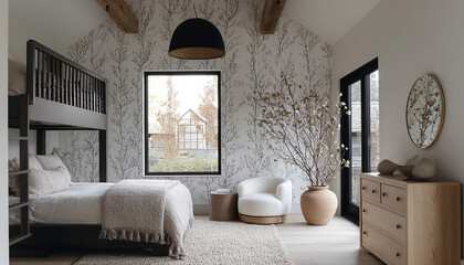 Modern country bedroom with bunk bed and wooden ceiling. The biophilic design with patterned walls and organic elements creates a rustic and welcoming atmosphere.