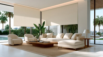 Luxurious living room with neutral tones, large windows, and motorized blinds. A haven of serenity that integrates the interior with the natural landscape.
