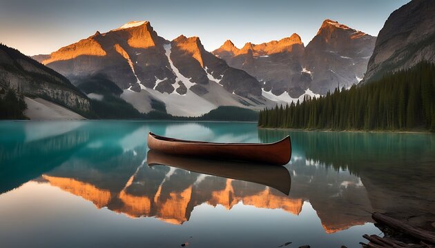 A canoe on a calm lake reflecting mountains and trees at sunrise in a serene landscape view
