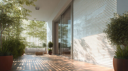 An elegant, minimalist balcony with roller blinds creates a play of light and shadow against the hardwood floor. A calming space, ideal for moments of peace.
