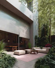A modern vertical garden with bamboo and lush plants creates a haven of tranquility. The setting is perfect for relaxing and enjoying nature.