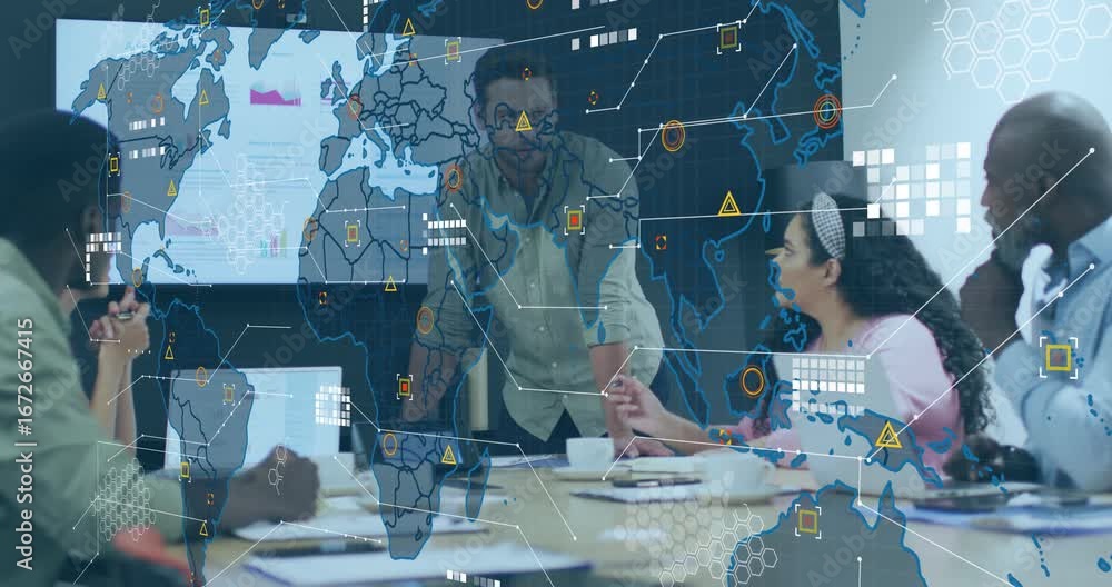 Poster presenter gesturing toward tablet and activating animated map data overlays in business meeting
