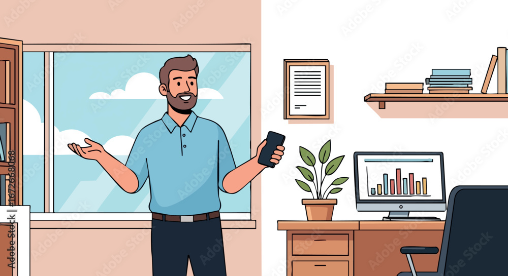 Aufkleber man using smartphone in office interior with window and desk setup vector illustration
