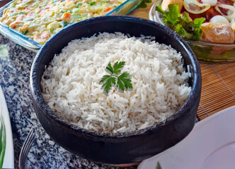 Traditional cooked white rice in Brazilian food