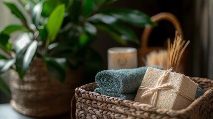 Fototapeta premium Spa towels lifestyle product photography advertising concept wellness stylish modern composition decorative arrangement inspiration background relaxation design