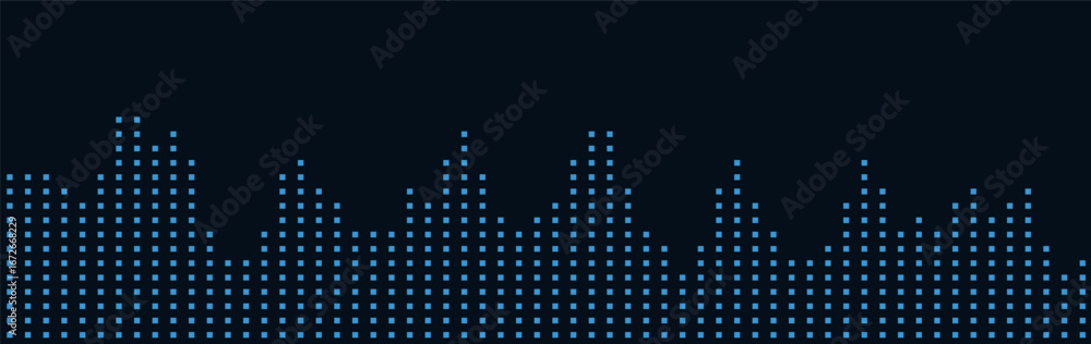 Poster dynamic vector tech background with dotted urban silhouette on dark canvas.