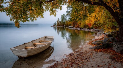 Obraz premium Serene autumn landscape with a small boat on a calm lake surrounded by colorful foliage and misty mountains in the background
