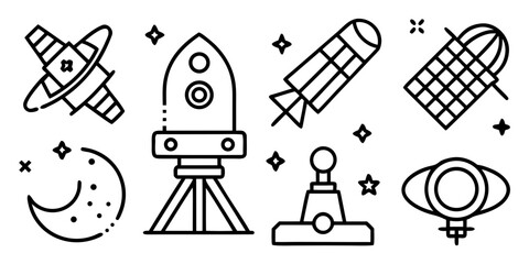 Collection of space exploration icons featuring rockets moons and satellites isolated on white background silhouette