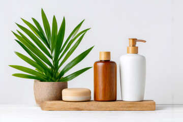 Assortment of Spa and Wellness Products with Palm Leaf and Lotion on Wooden Board