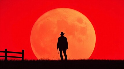 Naklejka premium Silhouette of a cowboy with a revolver under a large full moon at sunset in a picturesque western landscape