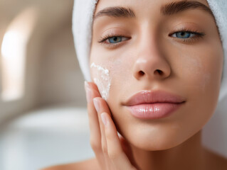 Osoba z białym ręcznikiem na głowie &ndash; koncepcja spa, pielęgnacji i relaksu