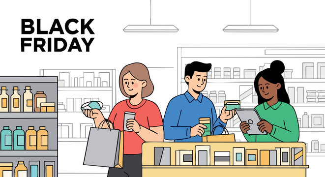 Black Friday Shopping People Buying Electronics and Drinks in Store Vector Illustration 