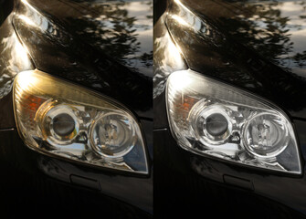 Before and after polish of old grungy head lights on black car
