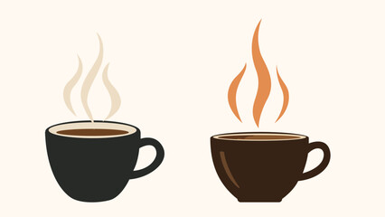 Two vector illustrations of steaming mugs of coffee or tea, featuring different colors and minimalist, stylized designs on a simple background.