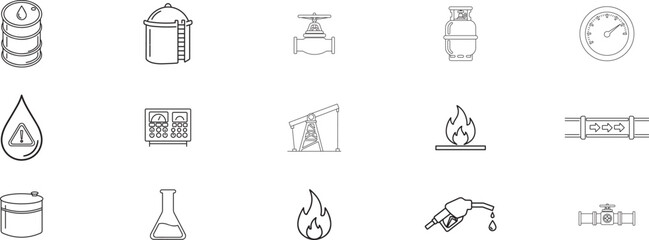 Essential Icons Representing Industrial and Energy Sector Equipment, Safety, and Processes for Professional Operations