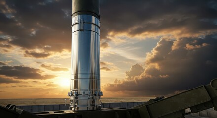 Close-up of an intercontinental ballistic missile on launch pad, ultra-sharp details, metallic reflections, dramatic sky background, photorealistic rendering.
