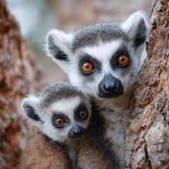 Obraz premium Two ring-tailed lemurs gazing curiously from their treetop perch. The lemurs have distinctive ringed tails, playful eyes, and soft, grey fur