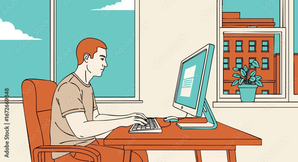Aufkleber man working on computer at desk in office with window view vector illustration