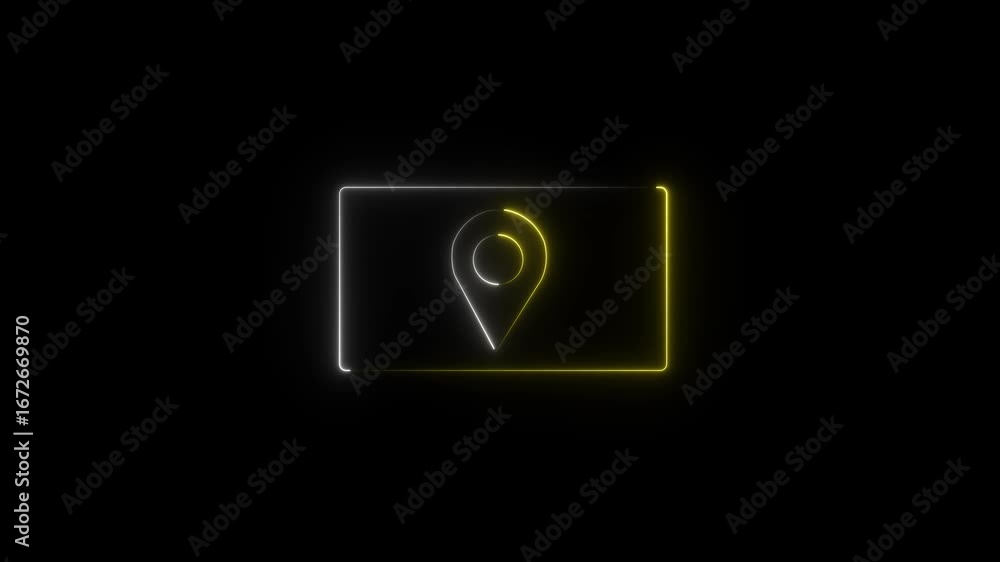 Poster abstract location glowing neon icon fast tracking map pin icon animation. searching place address tr