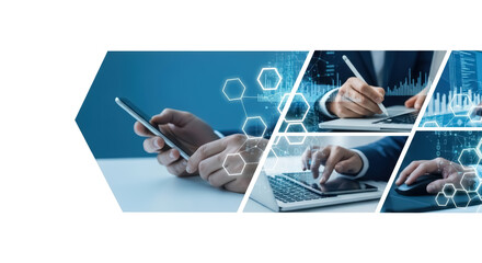 Business technology concept with hands using smartphone, laptop, stylus, and mouse. Digital interface, data analysis, innovation, and communication in modern work environment