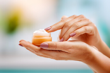 Person Applying Cream Product on Hands with Pink Nails Against a Blurred Background
