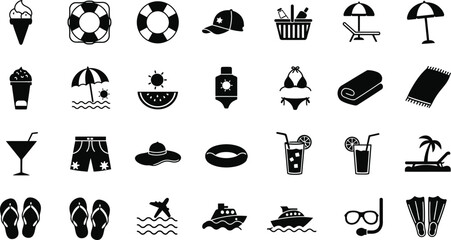 Obraz premium Summer and Beach Icon Set – Ice Cream, Lifebuoy, Bikini, Towel, Palm, Drink, Swim, Vacation, Vector Clipart