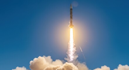 Ballistic missile mid-air launch, flames and smoke trails, ultra high detail, cinematic perspective, military power concept.
