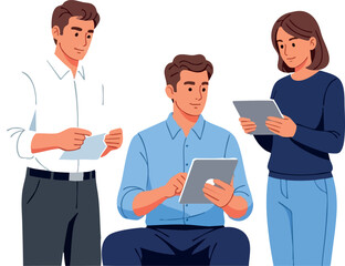 Fototapeta premium Group of young people collaborating with digital tablets in modern casual clothes vector illustration 