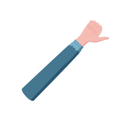 Flat cartoon hand in signal gesture with finger up. Female hand showing one as a count number. Clothed arm in blue sleeve, practical for basic education or preschool themes.